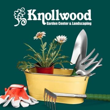 Knollwood Garden Center logo and gardening supplies with flowers